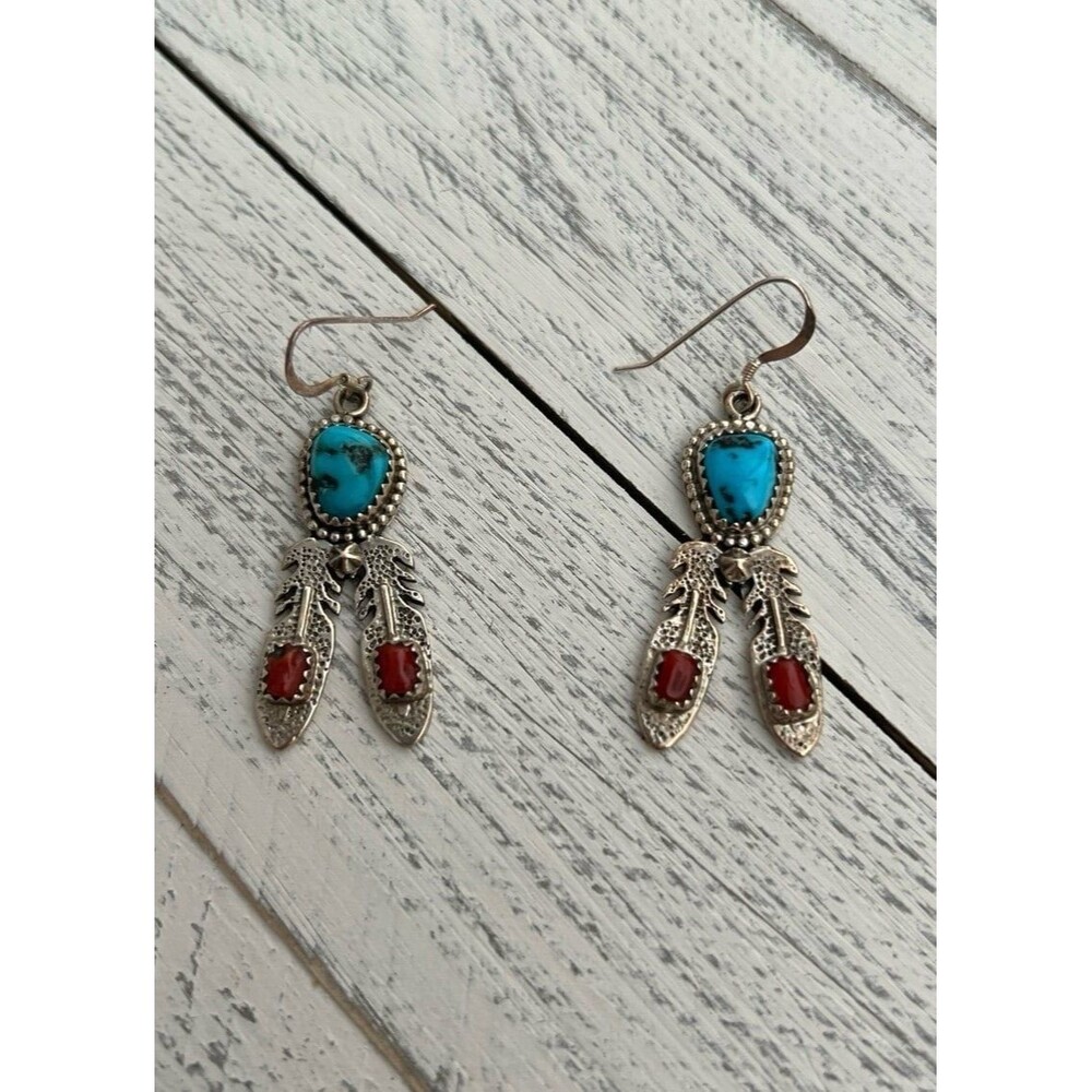 Sterling Silver Turquoise and Red Coral Feather Earrings like new